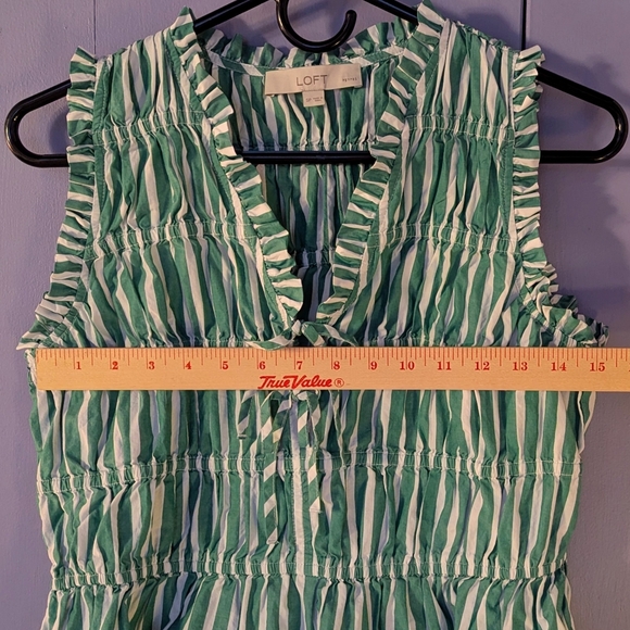 Loft Green And White Striped Cotton Peplum Top With Bow Ties And Ruffles - Picture 6 of 8